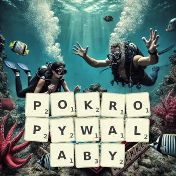 Kreatywna ilustracja do gry w Scrabble ze słowem POKROPYWALABY ułożonym z płytek na planszy.