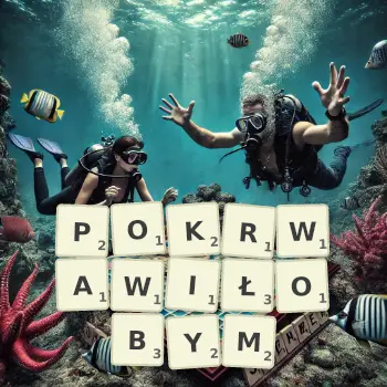 Kreatywna ilustracja do gry w Scrabble ze słowem POKRWAWIŁOBYM ułożonym z płytek na planszy.