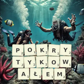 Kreatywna ilustracja do gry w Scrabble ze słowem POKRYTYKOWAŁEM ułożonym z płytek na planszy.