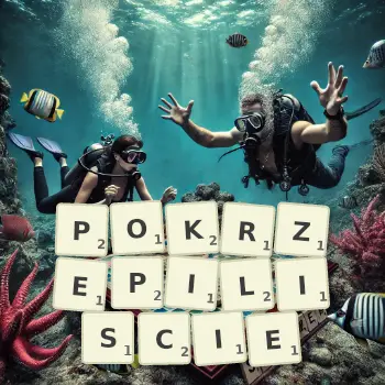Kreatywna ilustracja do gry w Scrabble ze słowem POKRZEPILISCIE ułożonym z płytek na planszy.