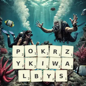 Kreatywna ilustracja do gry w Scrabble ze słowem POKRZYKIWALBYS ułożonym z płytek na planszy.
