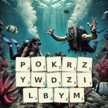Kreatywna ilustracja do gry w Scrabble ze słowem POKRZYWDZILBYM ułożonym z płytek na planszy.