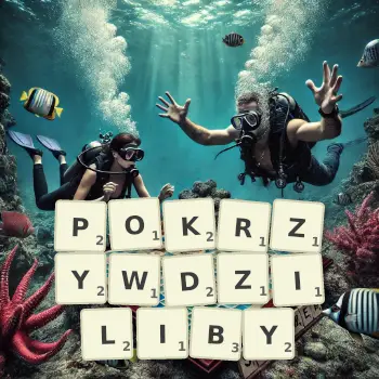 Kreatywna ilustracja do gry w Scrabble ze słowem POKRZYWDZILIBY ułożonym z płytek na planszy.
