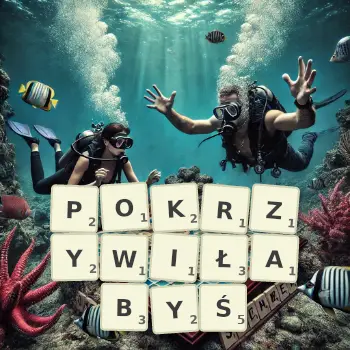 Kreatywna ilustracja do gry w Scrabble ze słowem POKRZYWIŁABYŚ ułożonym z płytek na planszy.