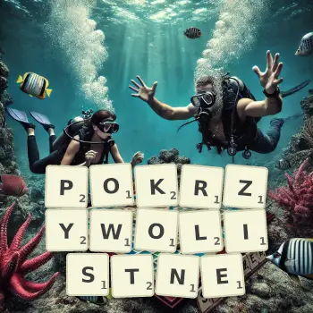 Kreatywna ilustracja do gry w Scrabble ze słowem POKRZYWOLISTNE ułożonym z płytek na planszy.