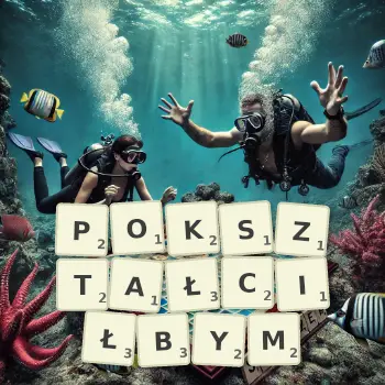 Kreatywna ilustracja do gry w Scrabble ze słowem POKSZTAŁCIŁBYM ułożonym z płytek na planszy.