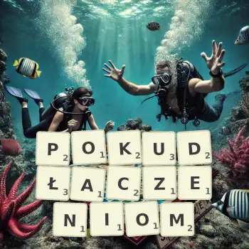 Kreatywna ilustracja do gry w Scrabble ze słowem POKUDŁACZENIOM ułożonym z płytek na planszy.