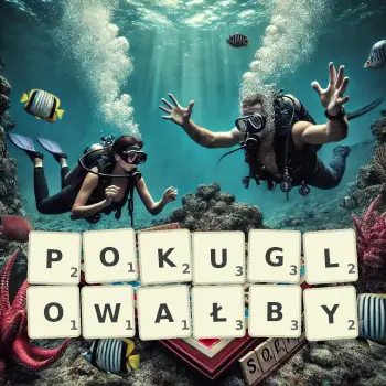Kreatywna ilustracja do gry w Scrabble ze słowem POKUGLOWAŁBY ułożonym z płytek na planszy.
