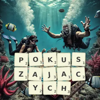 Kreatywna ilustracja do gry w Scrabble ze słowem POKUSZAJACYCH ułożonym z płytek na planszy.