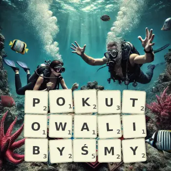 Kreatywna ilustracja do gry w Scrabble ze słowem POKUTOWALIBYŚMY ułożonym z płytek na planszy.