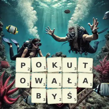 Kreatywna ilustracja do gry w Scrabble ze słowem POKUTOWAŁABYŚ ułożonym z płytek na planszy.