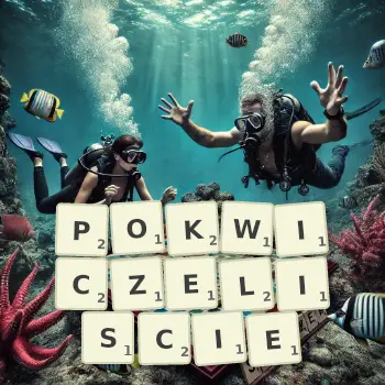 Kreatywna ilustracja do gry w Scrabble ze słowem POKWICZELISCIE ułożonym z płytek na planszy.