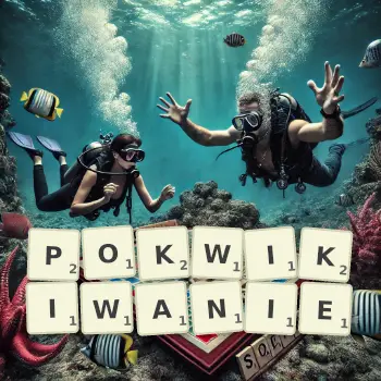 Kreatywna ilustracja do gry w Scrabble ze słowem POKWIKIWANIE ułożonym z płytek na planszy.