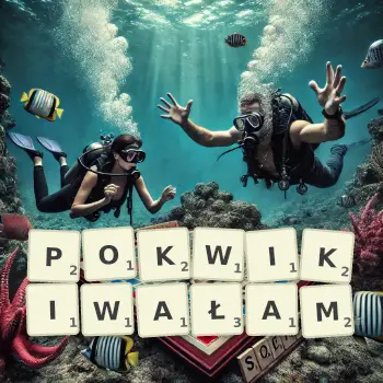 Kreatywna ilustracja do gry w Scrabble ze słowem POKWIKIWAŁAM ułożonym z płytek na planszy.