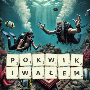 Kreatywna ilustracja do gry w Scrabble ze słowem POKWIKIWAŁEM ułożonym z płytek na planszy.