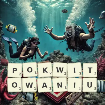 Kreatywna ilustracja do gry w Scrabble ze słowem POKWITOWANIU ułożonym z płytek na planszy.