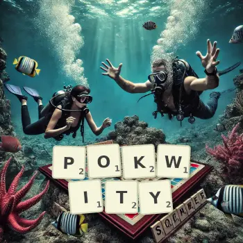 Kreatywna ilustracja do gry w Scrabble ze słowem POKWITY ułożonym z płytek na planszy.