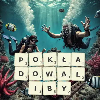 Kreatywna ilustracja do gry w Scrabble ze słowem POKŁADOWALIBY ułożonym z płytek na planszy.