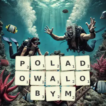 Kreatywna ilustracja do gry w Scrabble ze słowem POLADOWALOBYM ułożonym z płytek na planszy.
