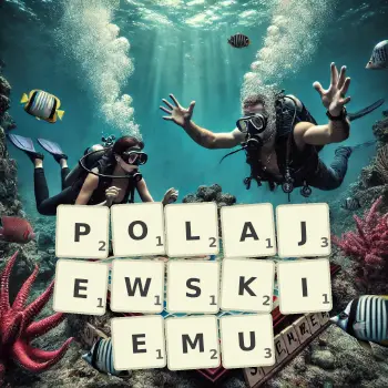 Kreatywna ilustracja do gry w Scrabble ze słowem POLAJEWSKIEMU ułożonym z płytek na planszy.