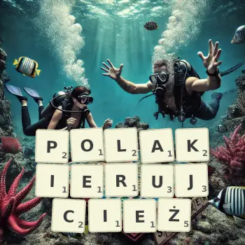 Kreatywna ilustracja do gry w Scrabble ze słowem POLAKIERUJCIEŻ ułożonym z płytek na planszy.