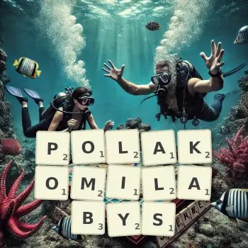 Kreatywna ilustracja do gry w Scrabble ze słowem POLAKOMILABYS ułożonym z płytek na planszy.