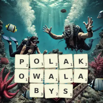 Kreatywna ilustracja do gry w Scrabble ze słowem POLAKOWALABYS ułożonym z płytek na planszy.