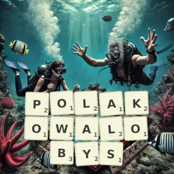 Kreatywna ilustracja do gry w Scrabble ze słowem POLAKOWALOBYS ułożonym z płytek na planszy.