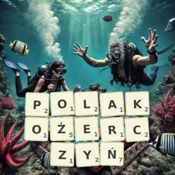 Kreatywna ilustracja do gry w Scrabble ze słowem POLAKOŻERCZYŃ ułożonym z płytek na planszy.