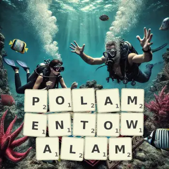 Kreatywna ilustracja do gry w Scrabble ze słowem POLAMENTOWALAM ułożonym z płytek na planszy.