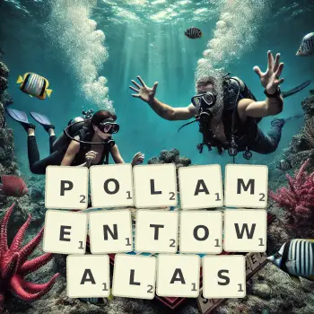 Kreatywna ilustracja do gry w Scrabble ze słowem POLAMENTOWALAS ułożonym z płytek na planszy.