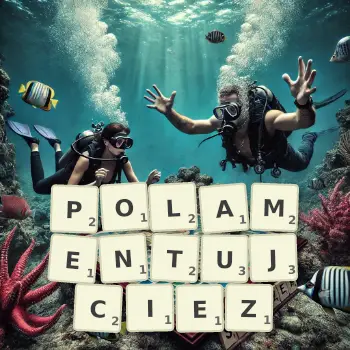 Kreatywna ilustracja do gry w Scrabble ze słowem POLAMENTUJCIEZ ułożonym z płytek na planszy.
