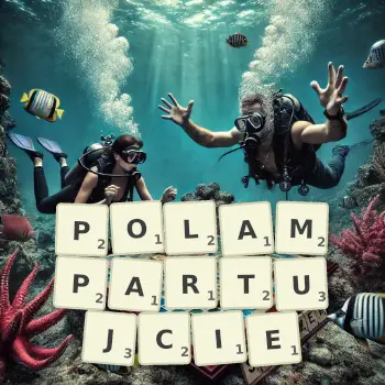 Kreatywna ilustracja do gry w Scrabble ze słowem POLAMPARTUJCIE ułożonym z płytek na planszy.