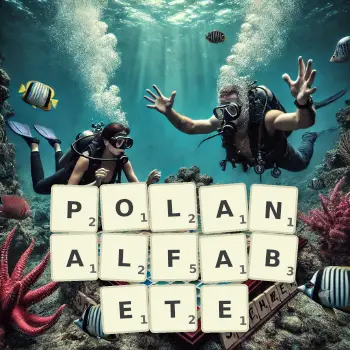 Kreatywna ilustracja do gry w Scrabble ze słowem POLANALFABETE ułożonym z płytek na planszy.