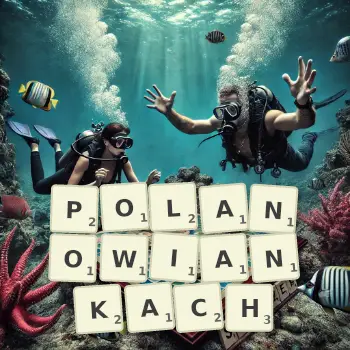 Kreatywna ilustracja do gry w Scrabble ze słowem POLANOWIANKACH ułożonym z płytek na planszy.