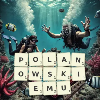 Kreatywna ilustracja do gry w Scrabble ze słowem POLANOWSKIEMU ułożonym z płytek na planszy.