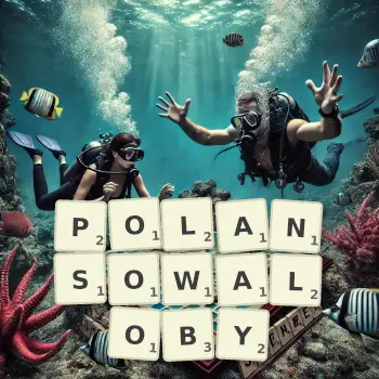 Kreatywna ilustracja do gry w Scrabble ze słowem POLANSOWALOBY ułożonym z płytek na planszy.