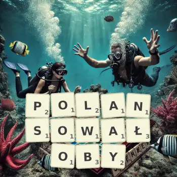 Kreatywna ilustracja do gry w Scrabble ze słowem POLANSOWAŁOBY ułożonym z płytek na planszy.