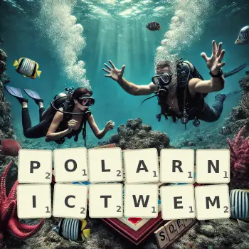 Kreatywna ilustracja do gry w Scrabble ze słowem POLARNICTWEM ułożonym z płytek na planszy.