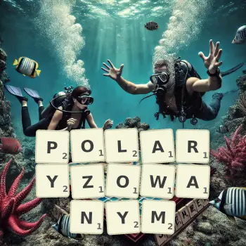 Kreatywna ilustracja do gry w Scrabble ze słowem POLARYZOWANYM ułożonym z płytek na planszy.