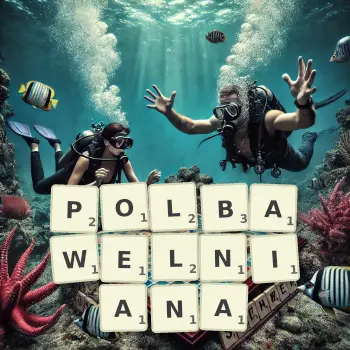 Kreatywna ilustracja do gry w Scrabble ze słowem POLBAWELNIANA ułożonym z płytek na planszy.