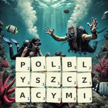 Kreatywna ilustracja do gry w Scrabble ze słowem POLBLYSZCZACYMI ułożonym z płytek na planszy.