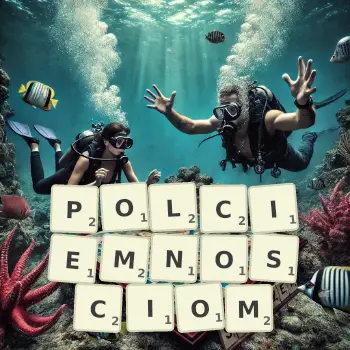 Kreatywna ilustracja do gry w Scrabble ze słowem POLCIEMNOSCIOM ułożonym z płytek na planszy.