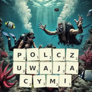 Kreatywna ilustracja do gry w Scrabble ze słowem POLCZUWAJACYMI ułożonym z płytek na planszy.