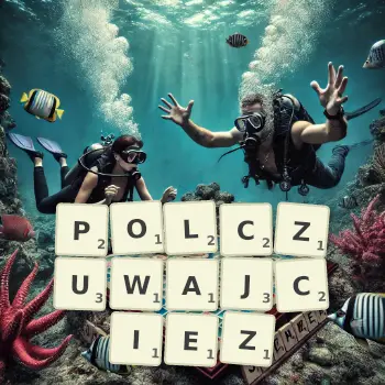 Kreatywna ilustracja do gry w Scrabble ze słowem POLCZUWAJCIEZ ułożonym z płytek na planszy.