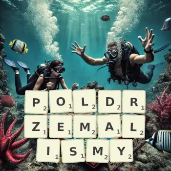 Kreatywna ilustracja do gry w Scrabble ze słowem POLDRZEMALISMY ułożonym z płytek na planszy.