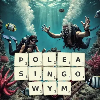Kreatywna ilustracja do gry w Scrabble ze słowem POLEASINGOWYM ułożonym z płytek na planszy.