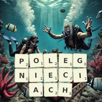 Kreatywna ilustracja do gry w Scrabble ze słowem POLEGNIECIACH ułożonym z płytek na planszy.