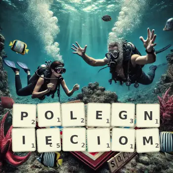 Kreatywna ilustracja do gry w Scrabble ze słowem POLEGNIĘCIOM ułożonym z płytek na planszy.