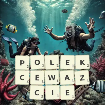 Kreatywna ilustracja do gry w Scrabble ze słowem POLEKCEWAZCIE ułożonym z płytek na planszy.